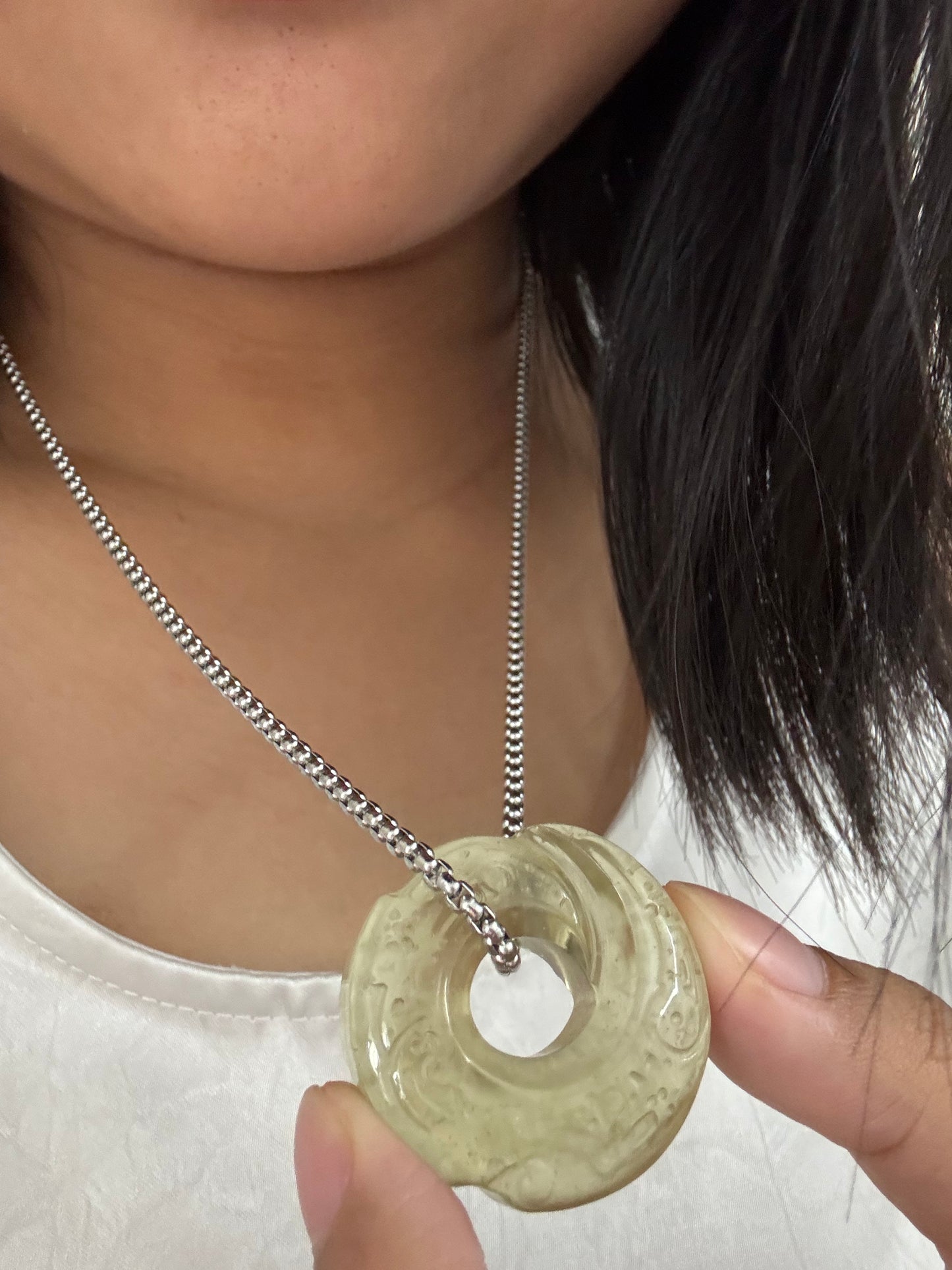 Libyan Desert Glass Donut Pendant Necklace 30mm – Genuine LDG Tektite Impact Glass Pi Disc Carved Spiral, Space Collector Gift