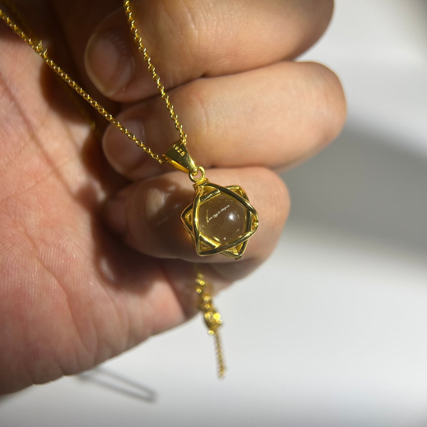 Libyan Desert Glass Pendant Necklace – 14mm Snowflake LDG Tektite, 20mm Halo Bezel, 925 Sterling Silver & 18K Gold, Meteorite Jewelry Gift