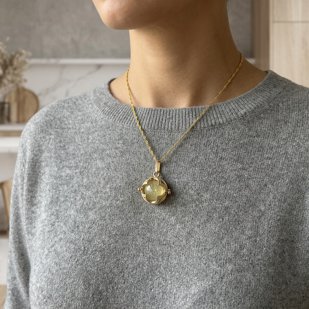 Libyan Desert Glass Pendant Necklace – 14mm Snowflake LDG Tektite, 20mm Halo Bezel, 925 Sterling Silver & 18K Gold, Meteorite Jewelry Gift
