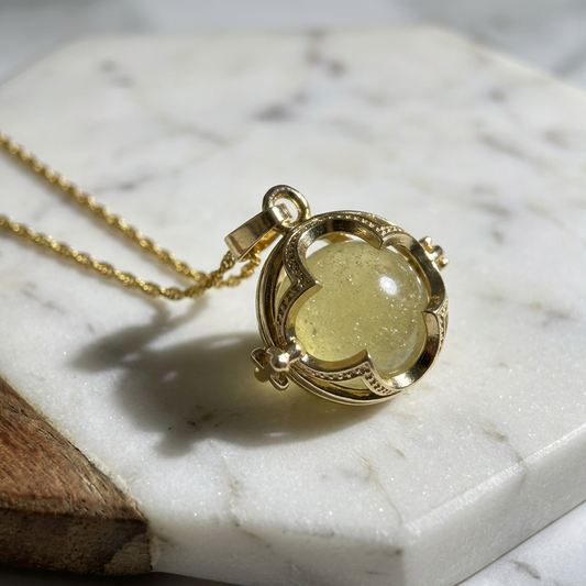 Libyan Desert Glass Pendant Necklace – 14mm Snowflake LDG Tektite, 20mm Halo Bezel, 925 Sterling Silver & 18K Gold, Meteorite Jewelry Gift