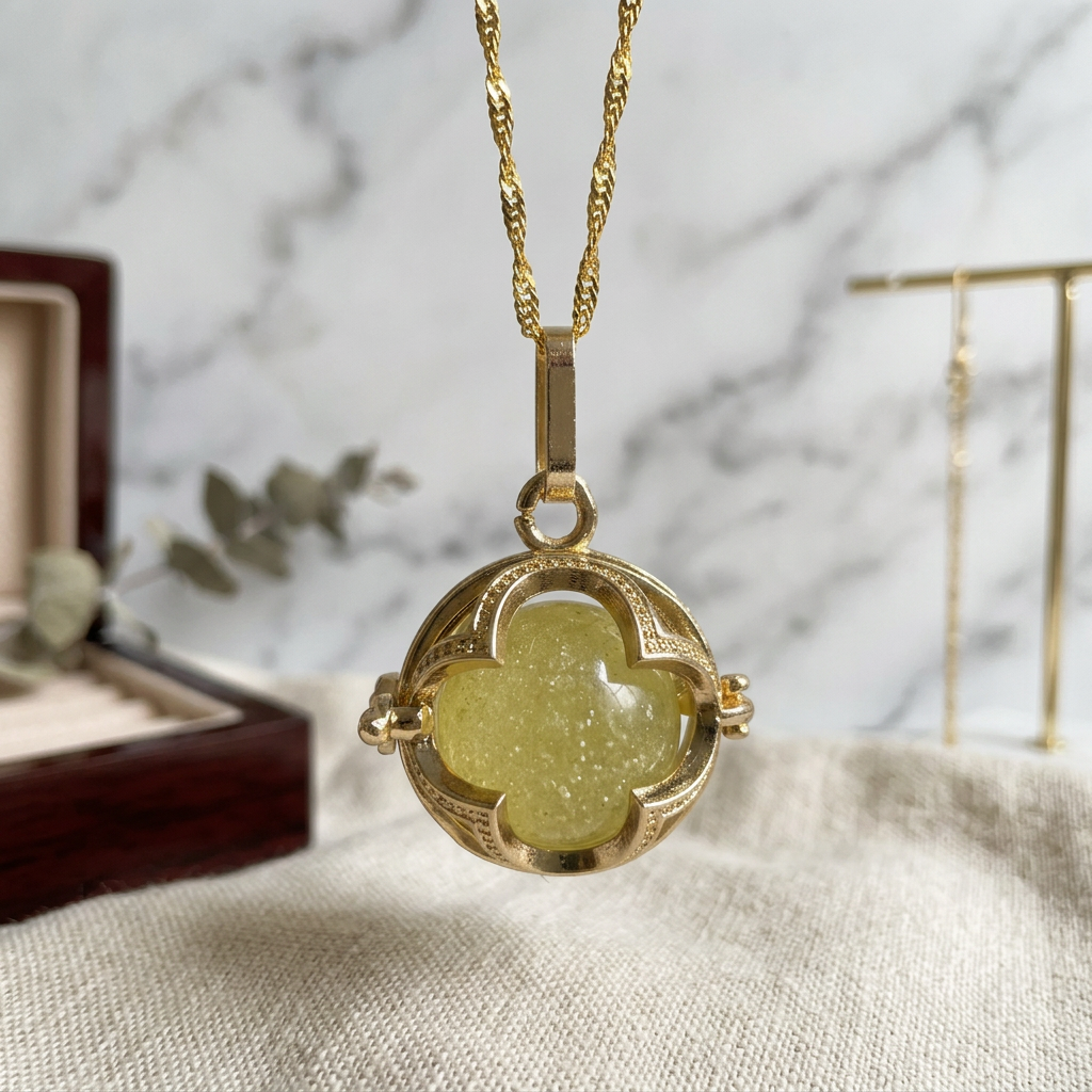 Libyan Desert Glass Pendant Necklace – 14mm Snowflake LDG Tektite, 20mm Halo Bezel, 925 Sterling Silver & 18K Gold, Meteorite Jewelry Gift