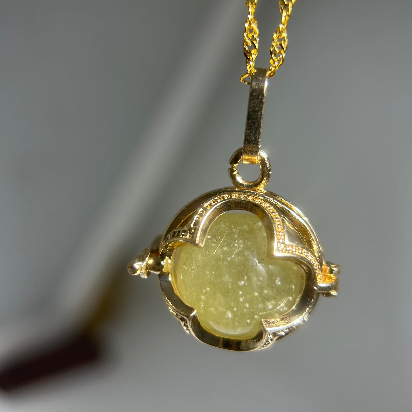Libyan Desert Glass Pendant Necklace – 14mm Snowflake LDG Tektite, 20mm Halo Bezel, 925 Sterling Silver & 18K Gold, Meteorite Jewelry Gift