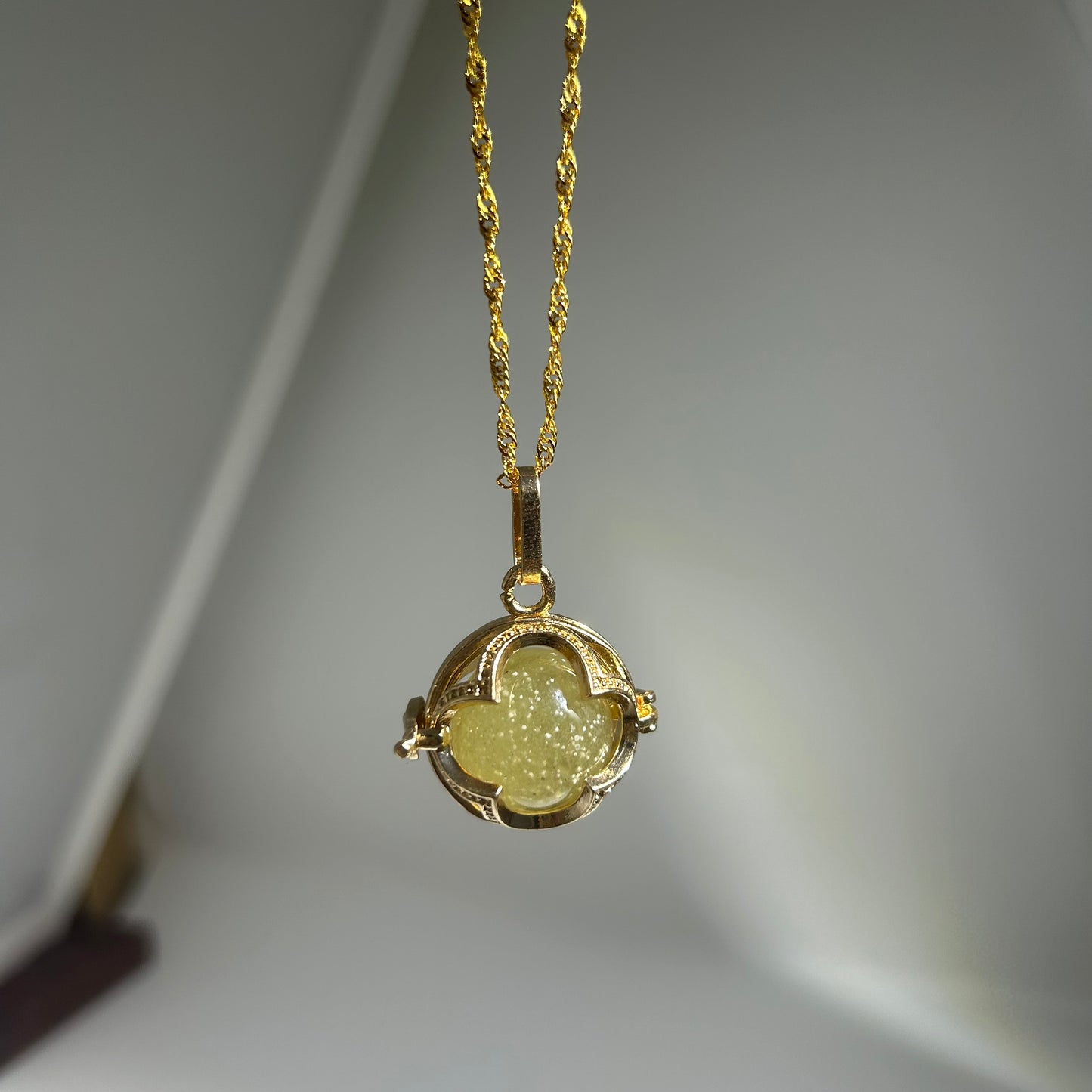 Libyan Desert Glass Pendant Necklace – 14mm Snowflake LDG Tektite, 20mm Halo Bezel, 925 Sterling Silver & 18K Gold, Meteorite Jewelry Gift