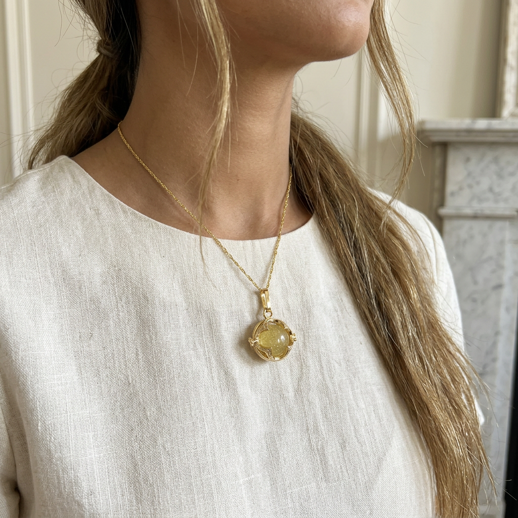 Libyan Desert Glass Pendant Necklace – 14mm Snowflake LDG Tektite, 20mm Halo Bezel, 925 Sterling Silver & 18K Gold, Meteorite Jewelry Gift