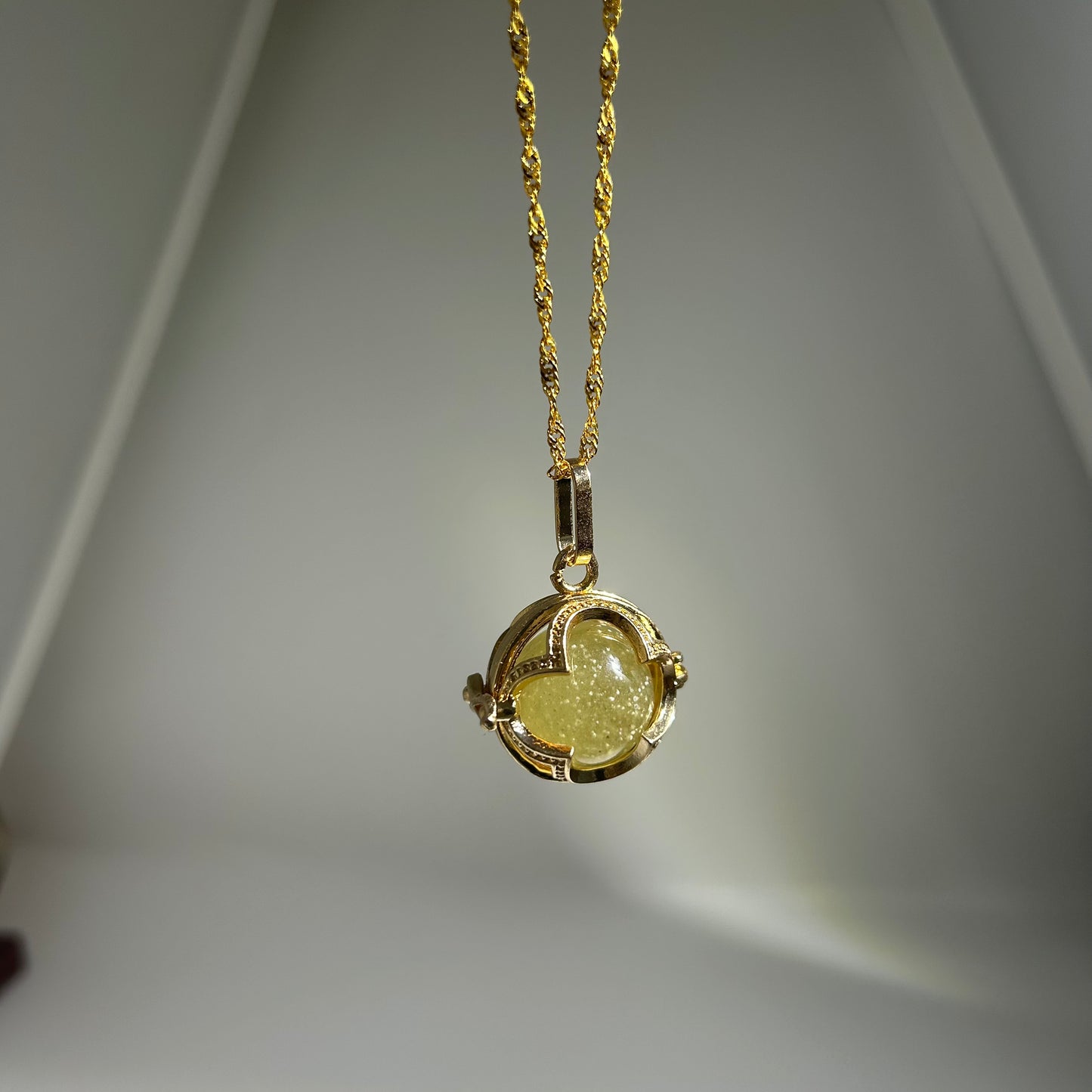 Libyan Desert Glass Pendant Necklace – 14mm Snowflake LDG Tektite, 20mm Halo Bezel, 925 Sterling Silver & 18K Gold, Meteorite Jewelry Gift