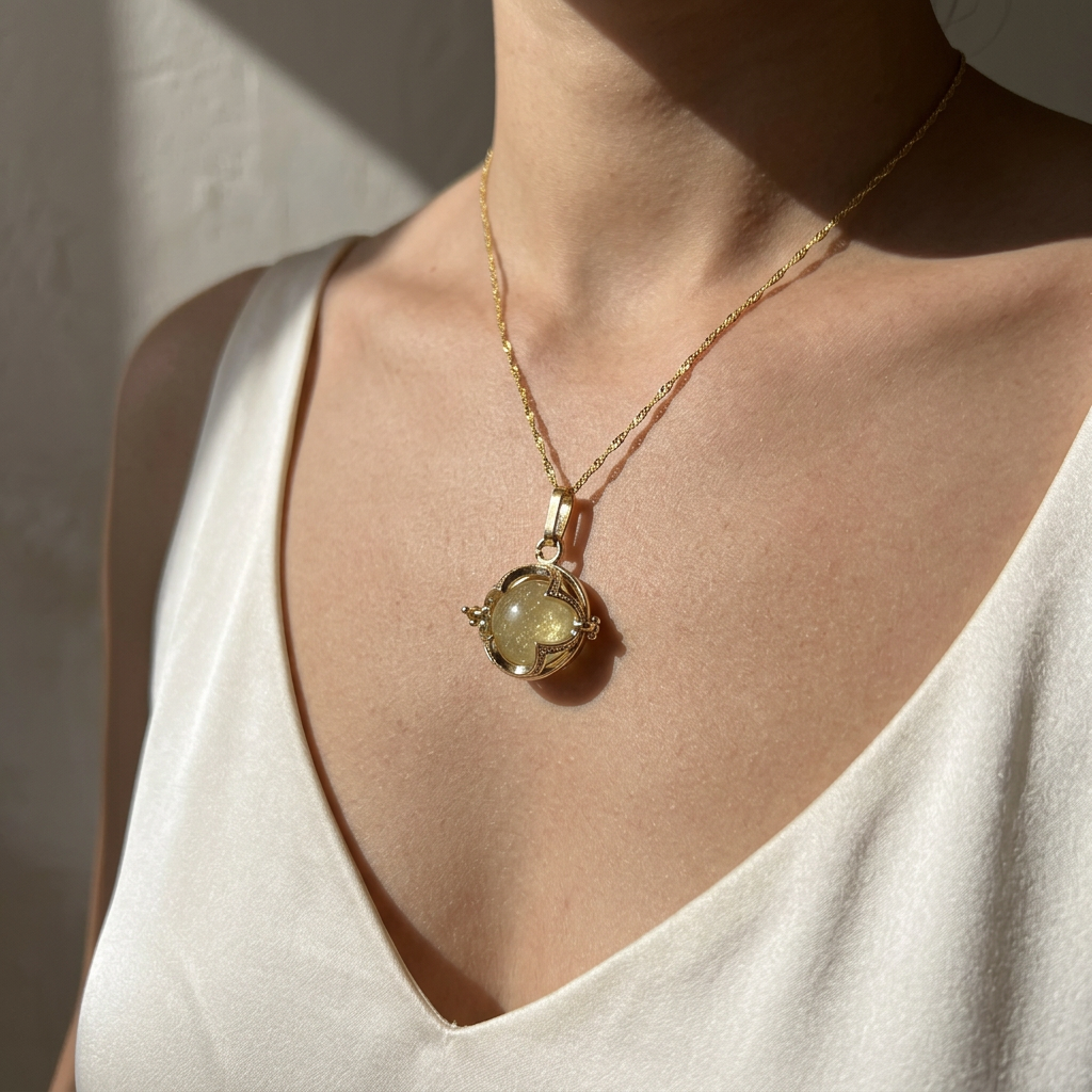 Libyan Desert Glass Pendant Necklace – 14mm Snowflake LDG Tektite, 20mm Halo Bezel, 925 Sterling Silver & 18K Gold, Meteorite Jewelry Gift