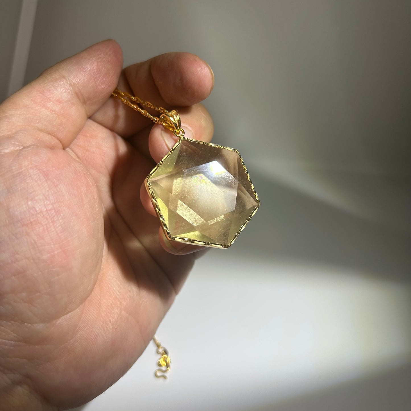Libyan Desert Glass Pendant Necklace – 40mm Hexagon Faceted Tektite, 925 Sterling Silver & 18K Gold Bezel, Meteorite Impact Glass Jewelry