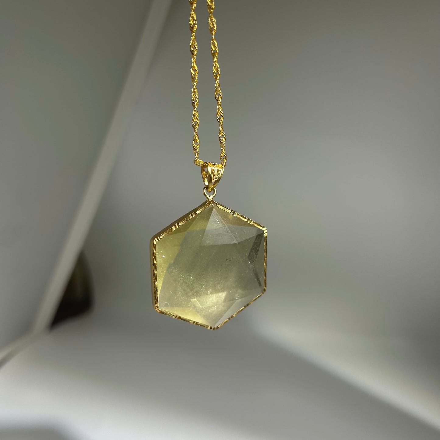 Libyan Desert Glass Pendant Necklace – 40mm Hexagon Faceted Tektite, 925 Sterling Silver & 18K Gold Bezel, Meteorite Impact Glass Jewelry