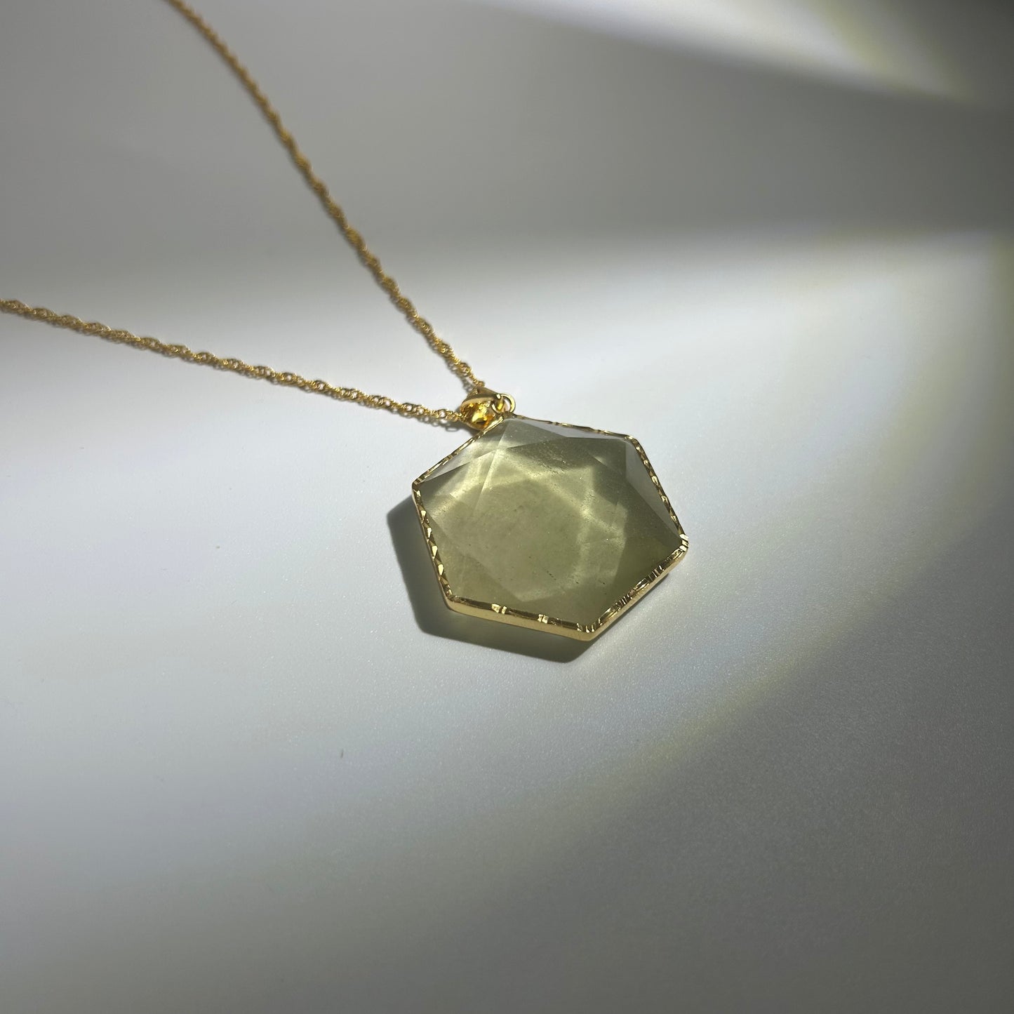 Libyan Desert Glass Pendant Necklace – 40mm Hexagon Faceted Tektite, 925 Sterling Silver & 18K Gold Bezel, Meteorite Impact Glass Jewelry