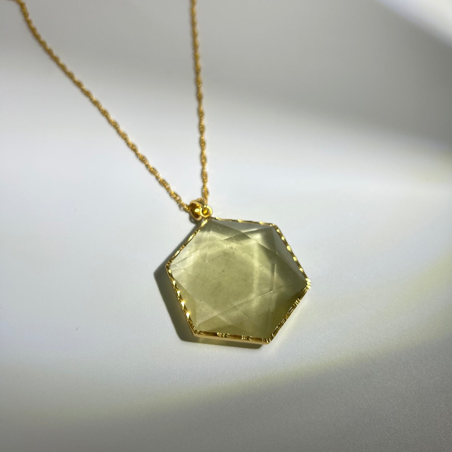 Libyan Desert Glass Pendant Necklace – 40mm Hexagon Faceted Tektite, 925 Sterling Silver & 18K Gold Bezel, Meteorite Impact Glass Jewelry