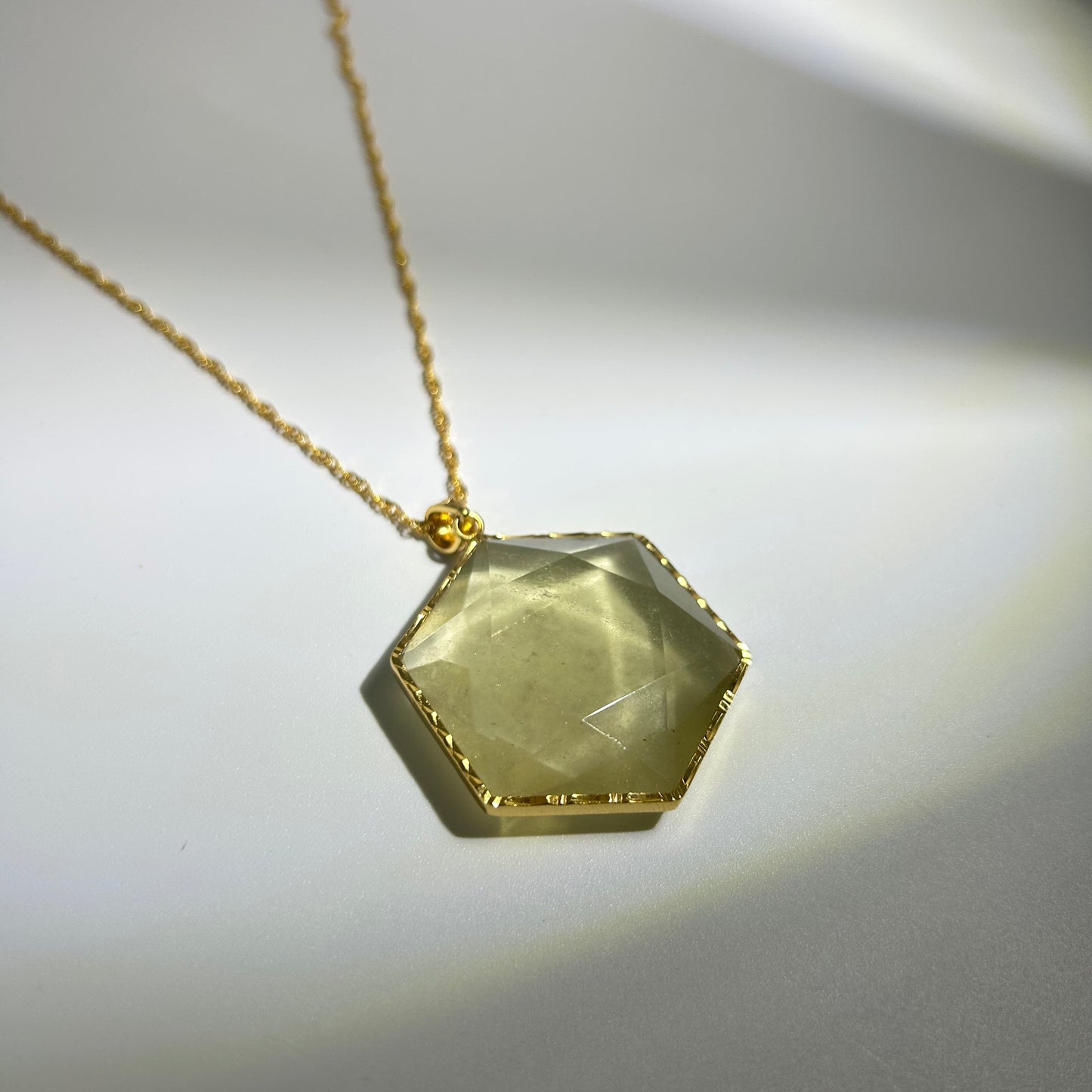 Libyan Desert Glass Pendant Necklace – 40mm Hexagon Faceted Tektite, 925 Sterling Silver & 18K Gold Bezel, Meteorite Impact Glass Jewelry