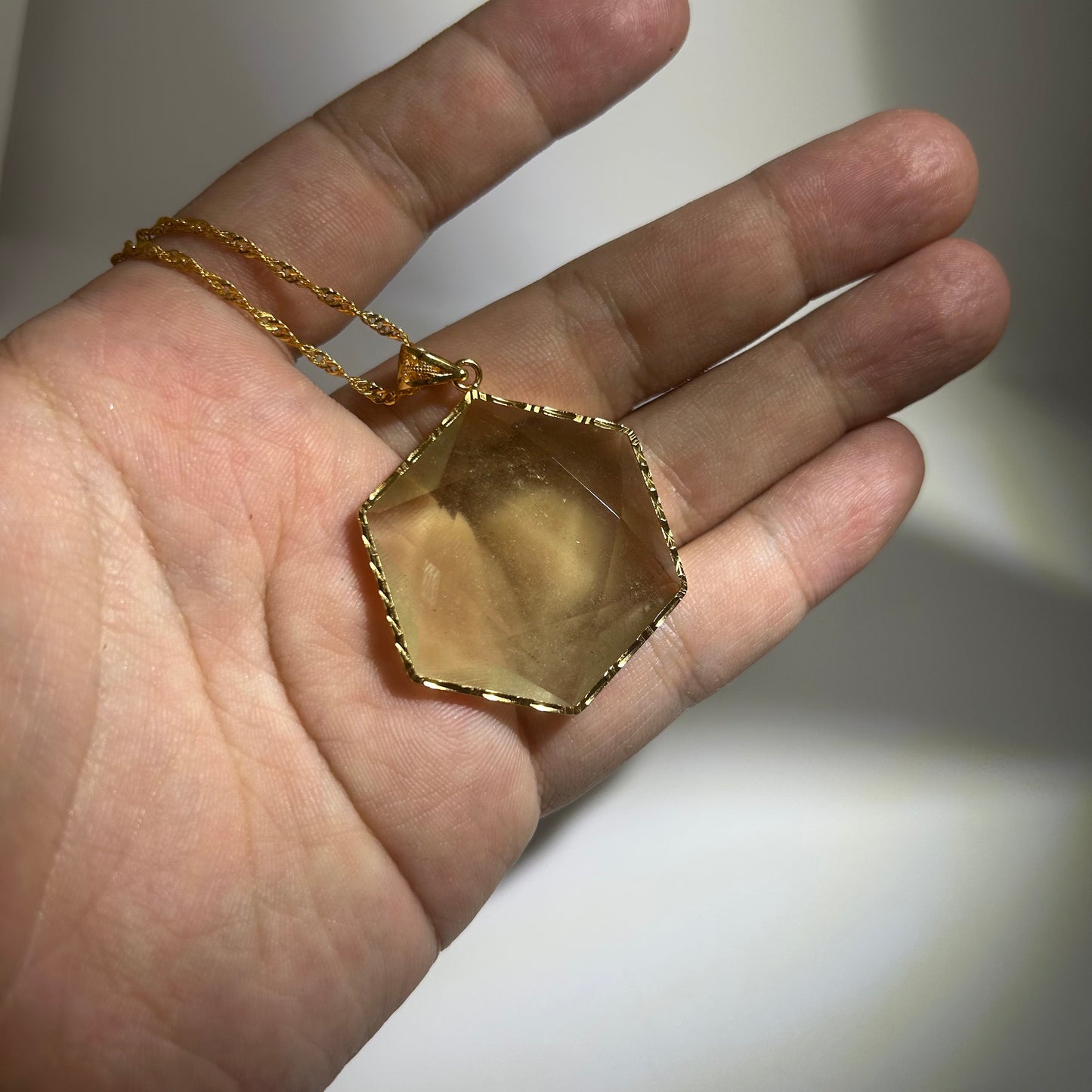 Libyan Desert Glass Pendant Necklace – 40mm Hexagon Faceted Tektite, 925 Sterling Silver & 18K Gold Bezel, Meteorite Impact Glass Jewelry