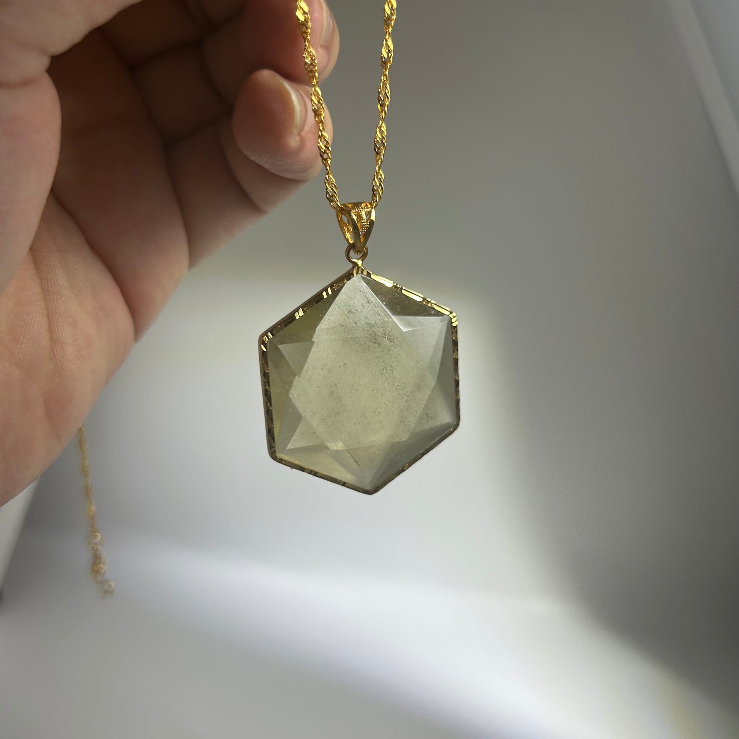 Libyan Desert Glass Pendant Necklace – 40mm Hexagon Faceted Tektite, 925 Sterling Silver & 18K Gold Bezel, Meteorite Impact Glass Jewelry