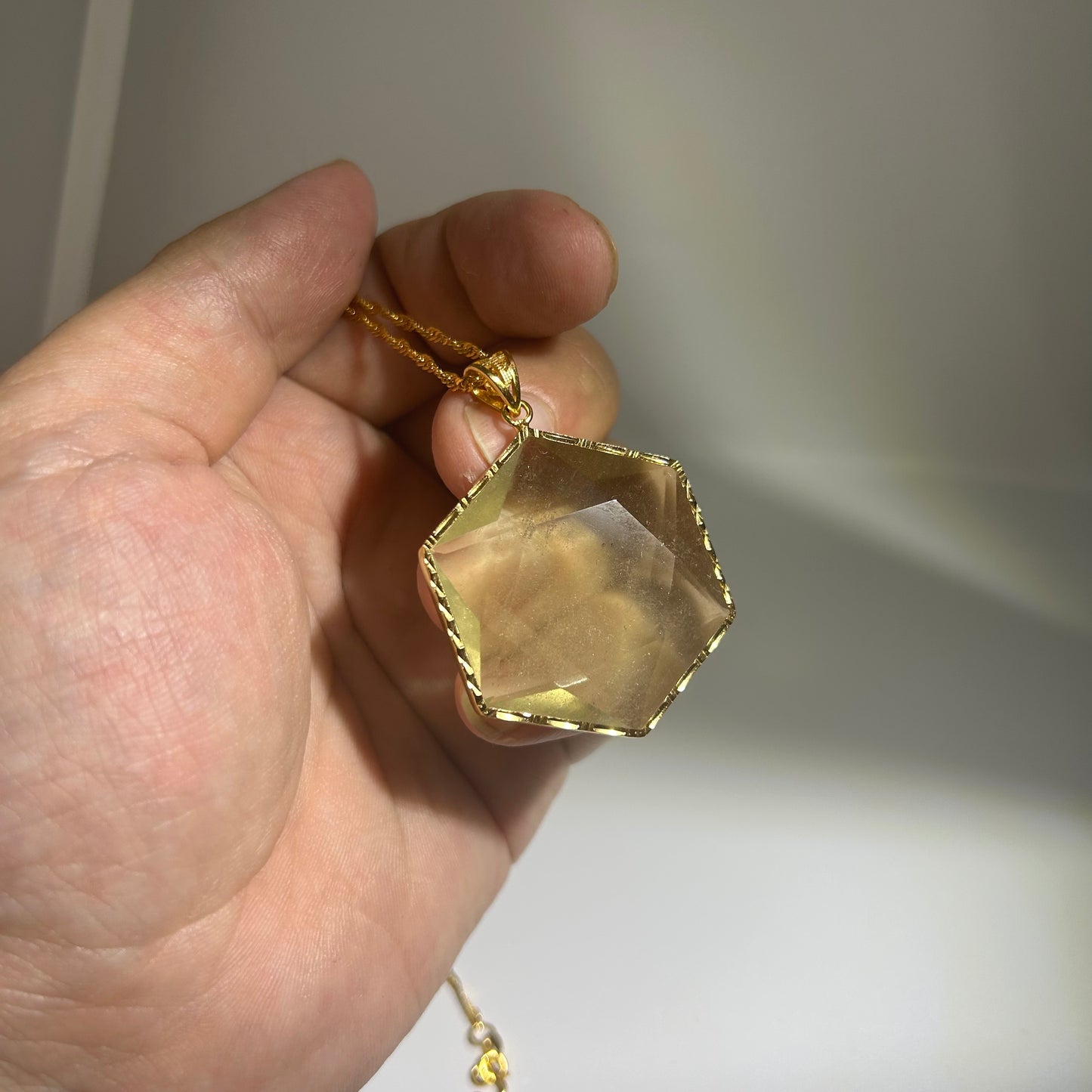 Libyan Desert Glass Pendant Necklace – 40mm Hexagon Faceted Tektite, 925 Sterling Silver & 18K Gold Bezel, Meteorite Impact Glass Jewelry