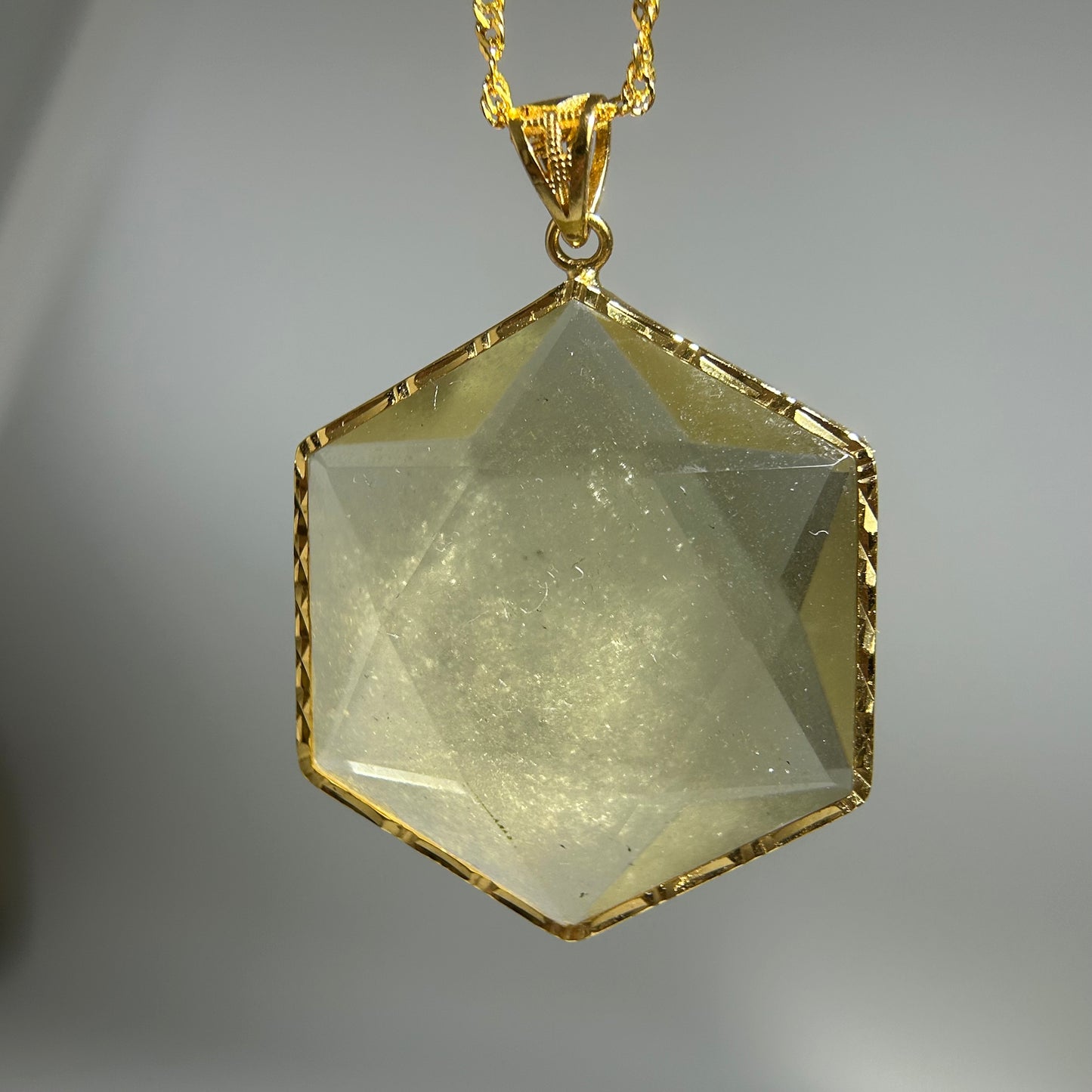 Libyan Desert Glass Pendant Necklace – 40mm Hexagon Faceted Tektite, 925 Sterling Silver & 18K Gold Bezel, Meteorite Impact Glass Jewelry