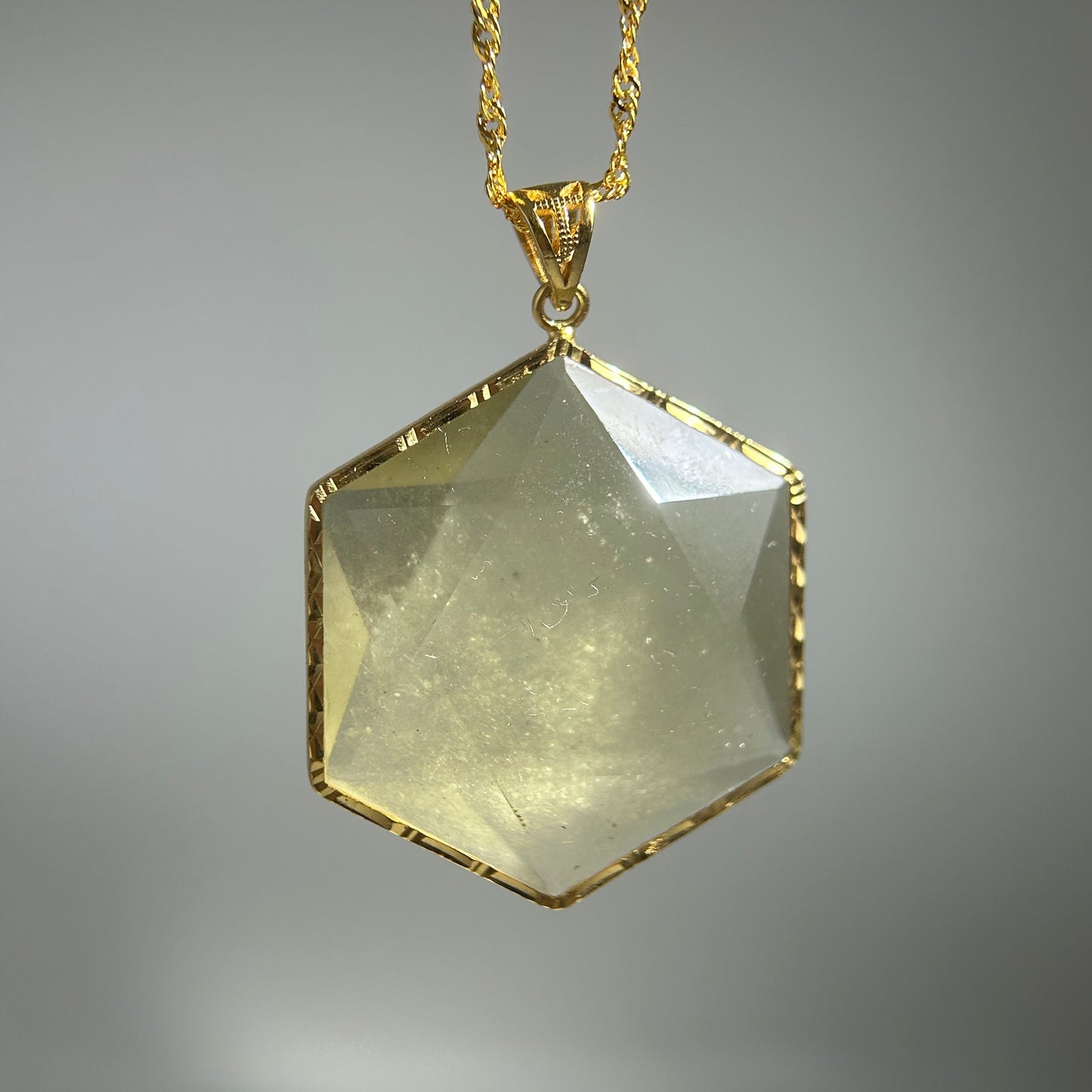 Libyan Desert Glass Pendant Necklace – 40mm Hexagon Faceted Tektite, 925 Sterling Silver & 18K Gold Bezel, Meteorite Impact Glass Jewelry