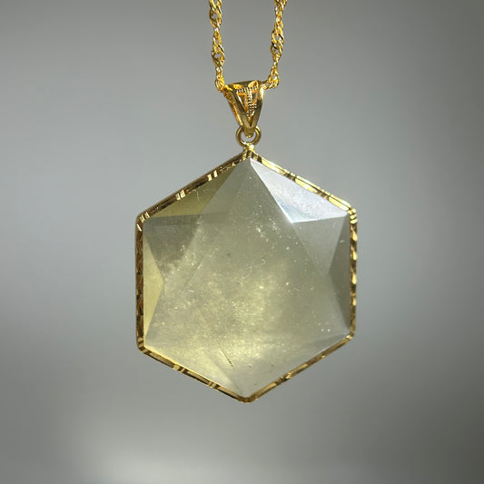 Libyan Desert Glass Pendant Necklace – 40mm Hexagon Faceted Tektite, 925 Sterling Silver & 18K Gold Bezel, Meteorite Impact Glass Jewelry