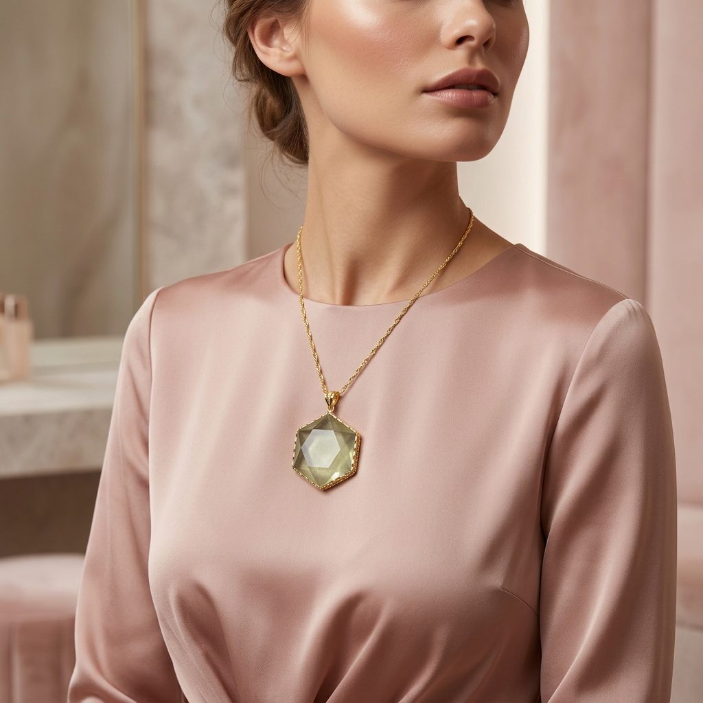 Libyan Desert Glass Pendant Necklace – 40mm Hexagon Faceted Tektite, 925 Sterling Silver & 18K Gold Bezel, Meteorite Impact Glass Jewelry