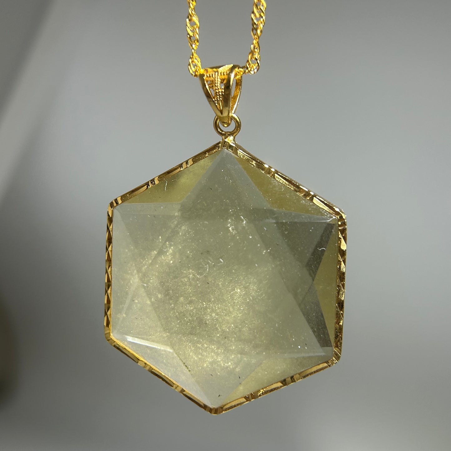 Libyan Desert Glass Pendant Necklace – 40mm Hexagon Faceted Tektite, 925 Sterling Silver & 18K Gold Bezel, Meteorite Impact Glass Jewelry