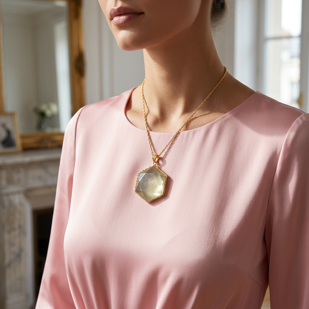 Libyan Desert Glass Pendant Necklace – 40mm Hexagon Faceted Tektite, 925 Sterling Silver & 18K Gold Bezel, Meteorite Impact Glass Jewelry