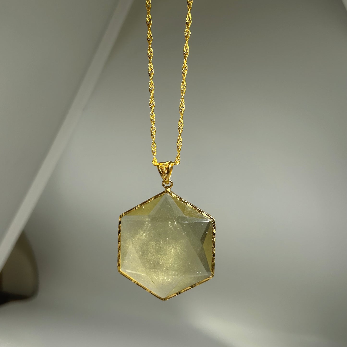 Libyan Desert Glass Pendant Necklace – 40mm Hexagon Faceted Tektite, 925 Sterling Silver & 18K Gold Bezel, Meteorite Impact Glass Jewelry