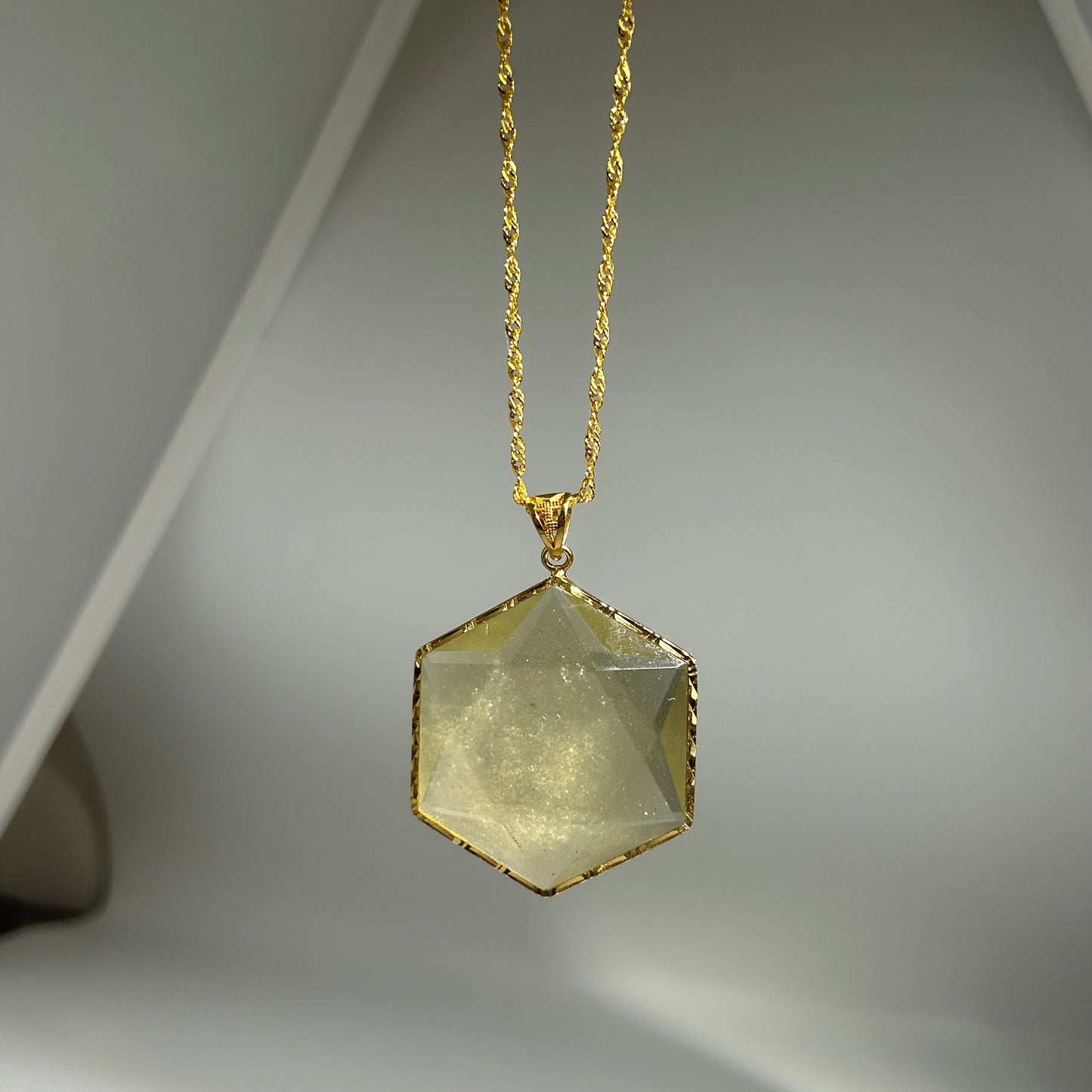 Libyan Desert Glass Pendant Necklace – 40mm Hexagon Faceted Tektite, 925 Sterling Silver & 18K Gold Bezel, Meteorite Impact Glass Jewelry