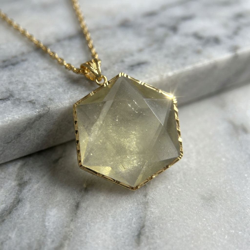Libyan Desert Glass Pendant Necklace – 40mm Hexagon Faceted Tektite, 925 Sterling Silver & 18K Gold Bezel, Meteorite Impact Glass Jewelry