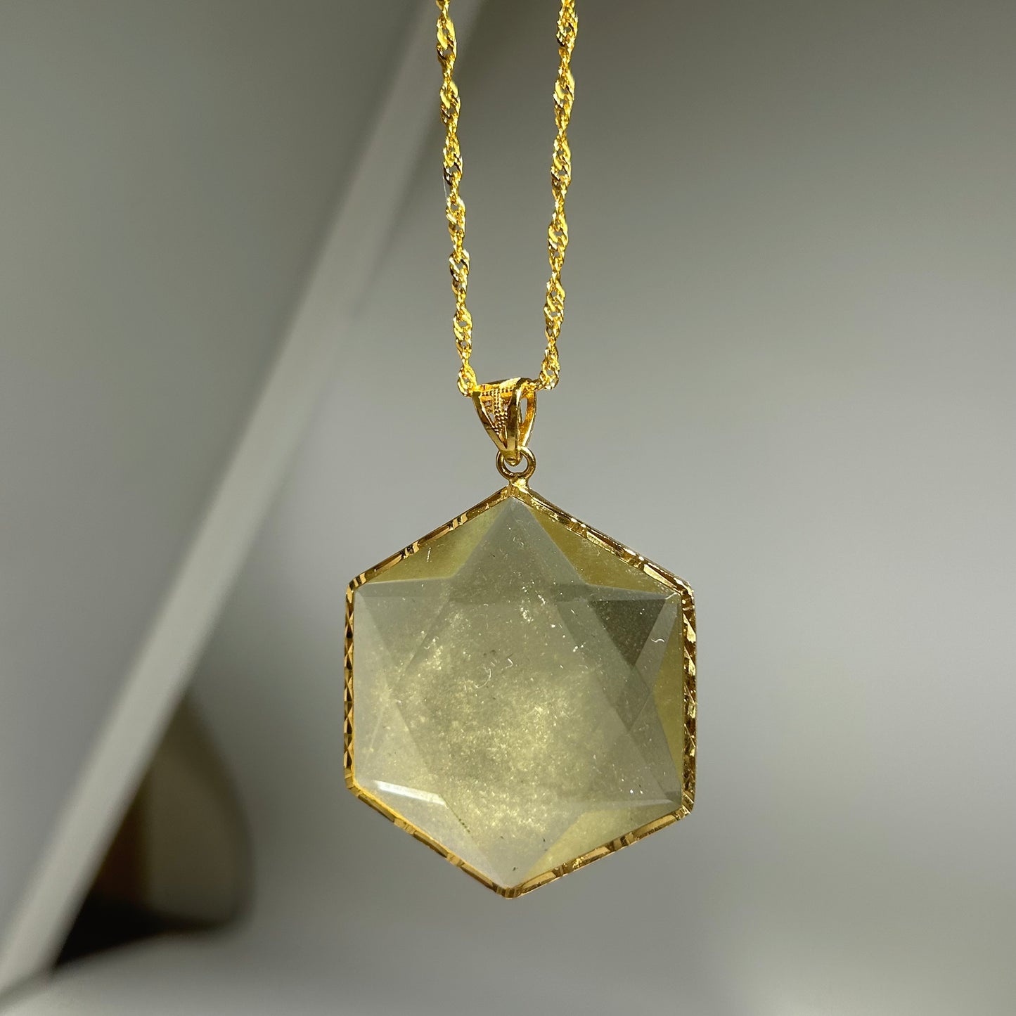 Libyan Desert Glass Pendant Necklace – 40mm Hexagon Faceted Tektite, 925 Sterling Silver & 18K Gold Bezel, Meteorite Impact Glass Jewelry