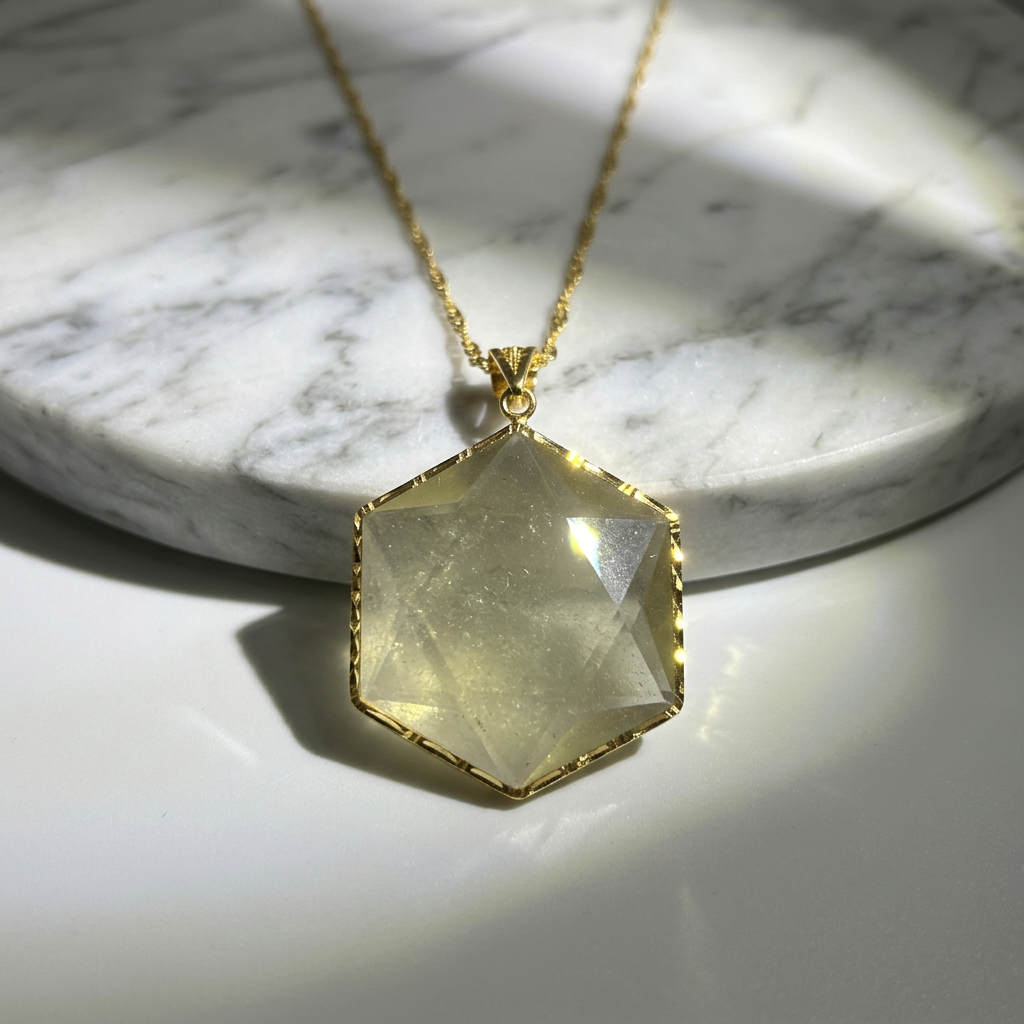 Libyan Desert Glass Pendant Necklace – 40mm Hexagon Faceted Tektite, 925 Sterling Silver & 18K Gold Bezel, Meteorite Impact Glass Jewelry