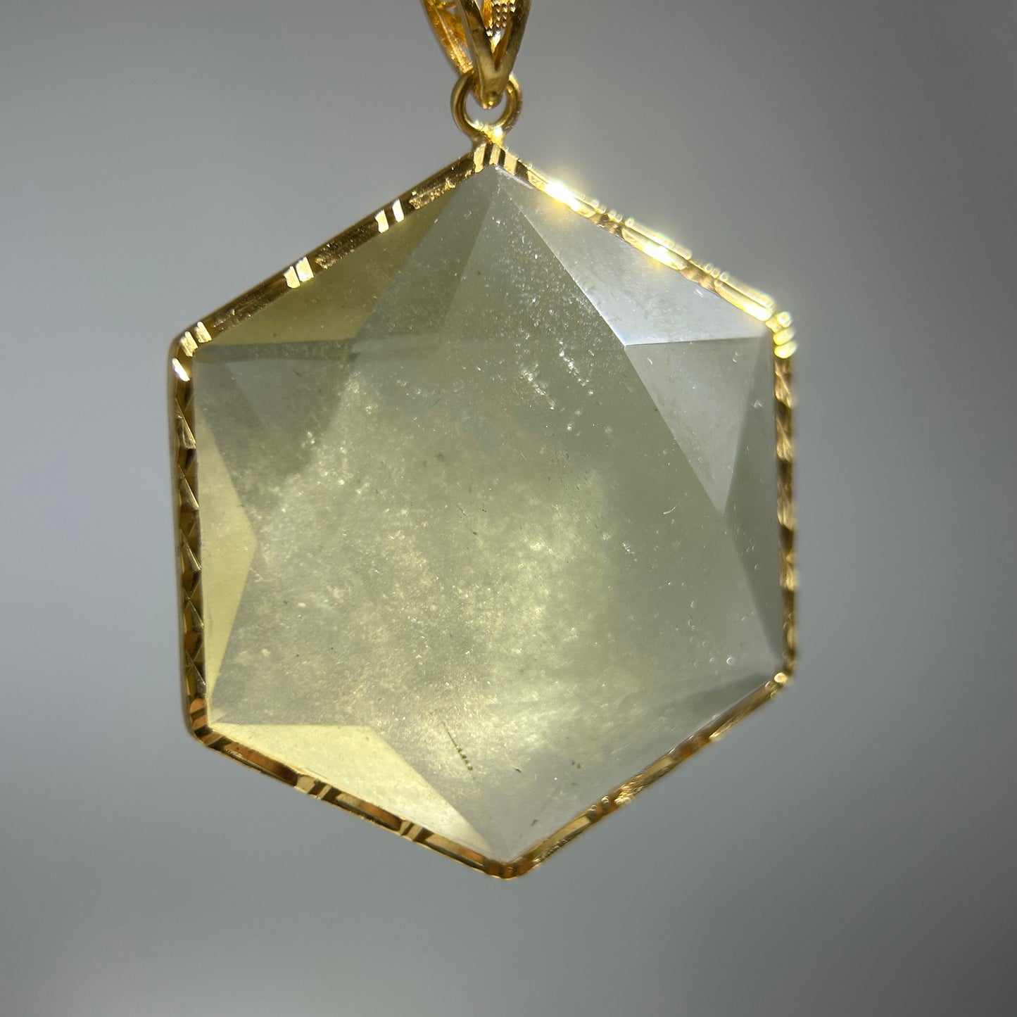 Libyan Desert Glass Pendant Necklace – 40mm Hexagon Faceted Tektite, 925 Sterling Silver & 18K Gold Bezel, Meteorite Impact Glass Jewelry