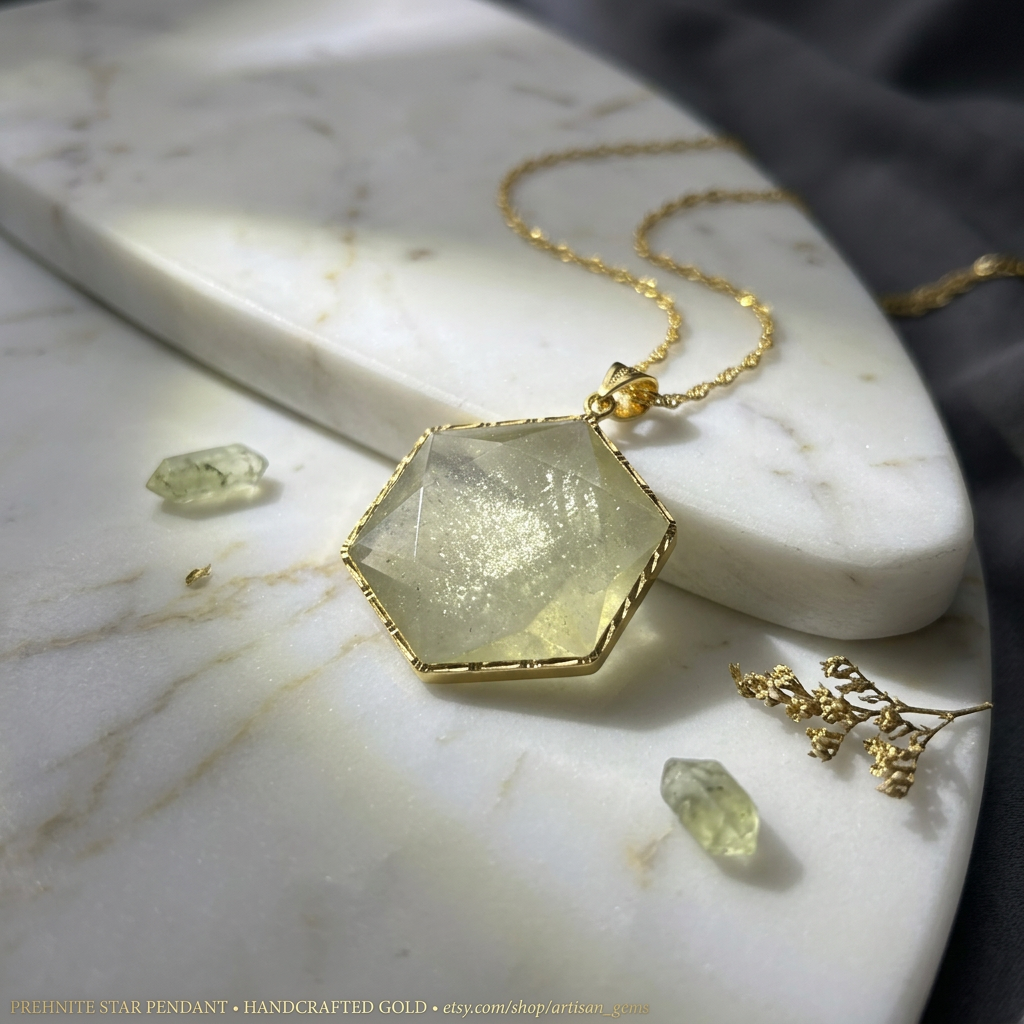 Libyan Desert Glass Pendant Necklace – 40mm Hexagon Faceted Tektite, 925 Sterling Silver & 18K Gold Bezel, Meteorite Impact Glass Jewelry