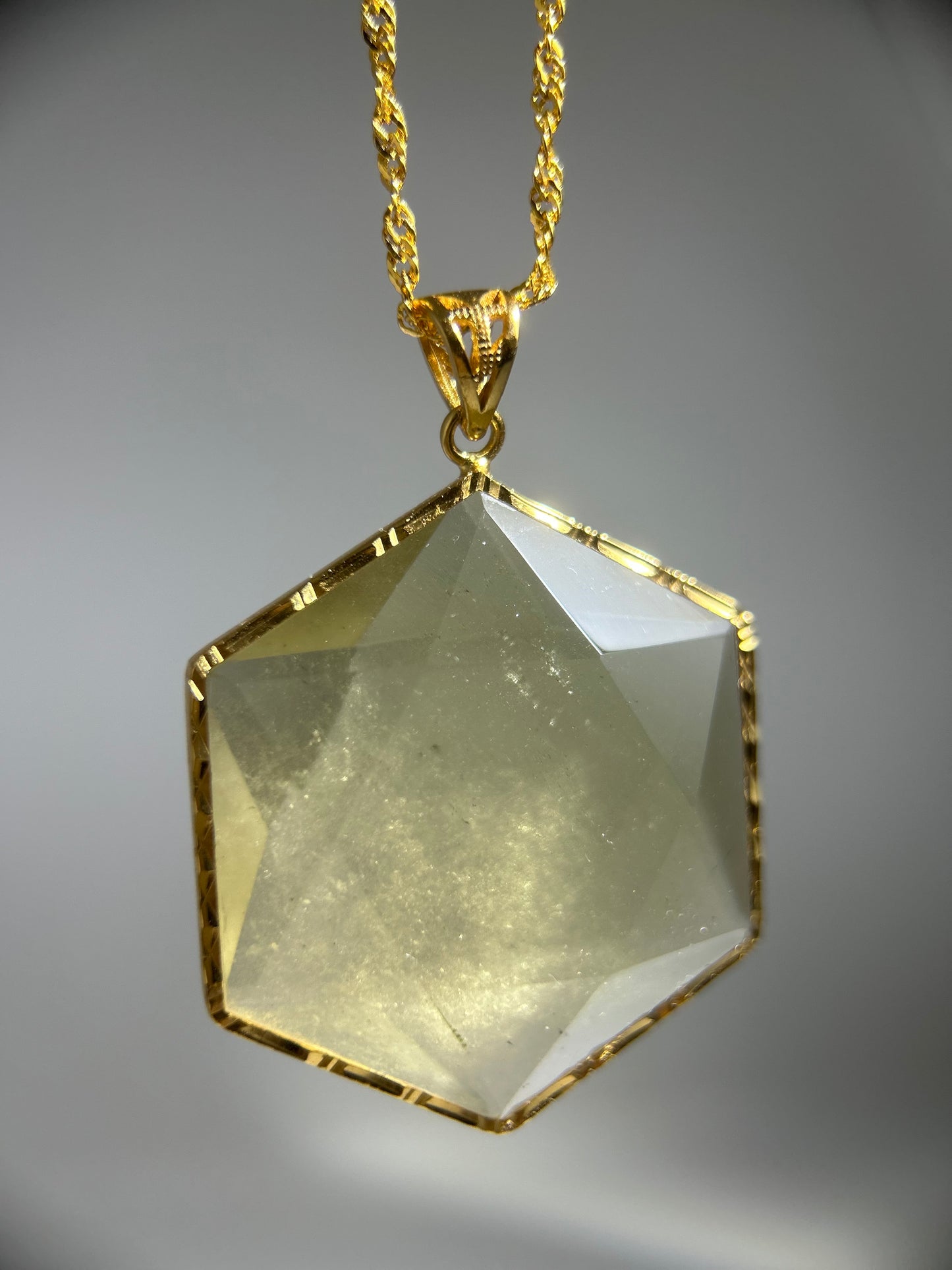 Libyan Desert Glass Pendant Necklace – 40mm Hexagon Faceted Tektite, 925 Sterling Silver & 18K Gold Bezel, Meteorite Impact Glass Jewelry
