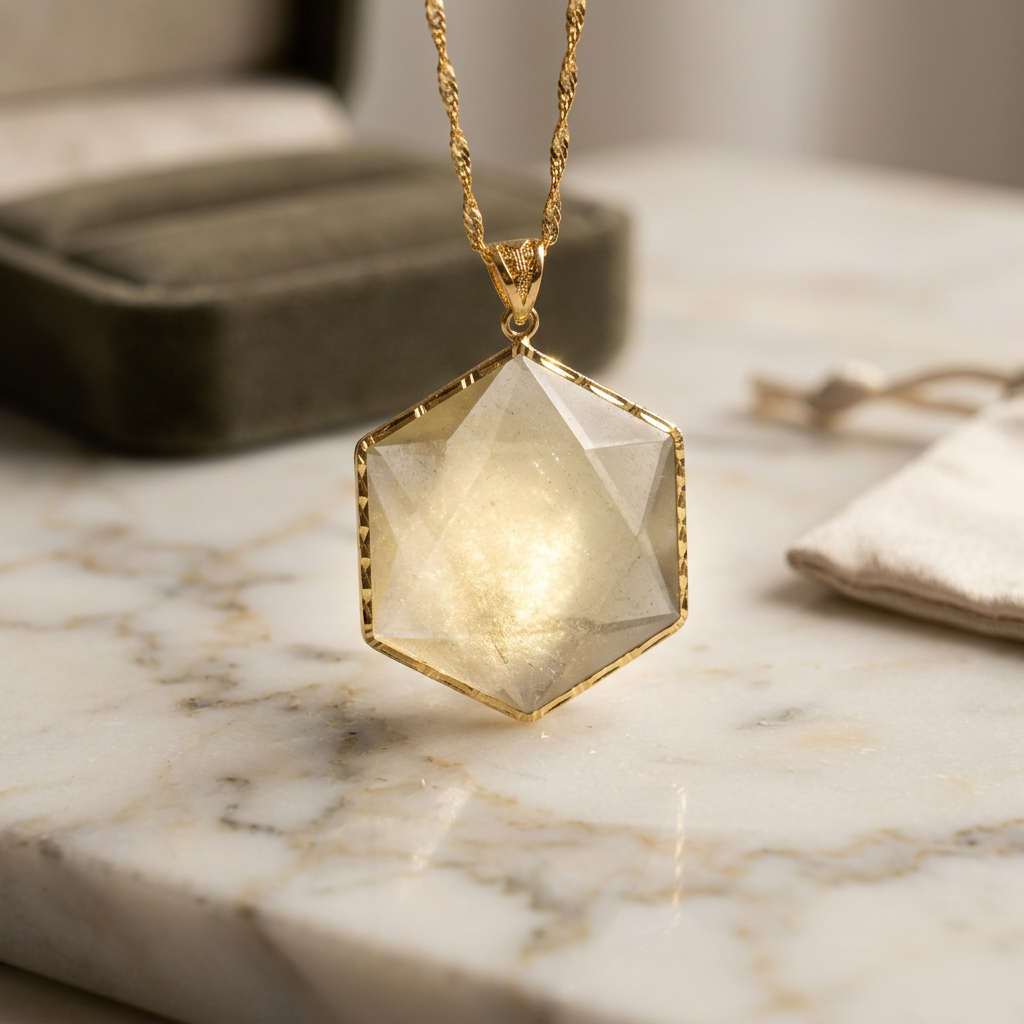 Libyan Desert Glass Pendant Necklace – 40mm Hexagon Faceted Tektite, 925 Sterling Silver & 18K Gold Bezel, Meteorite Impact Glass Jewelry
