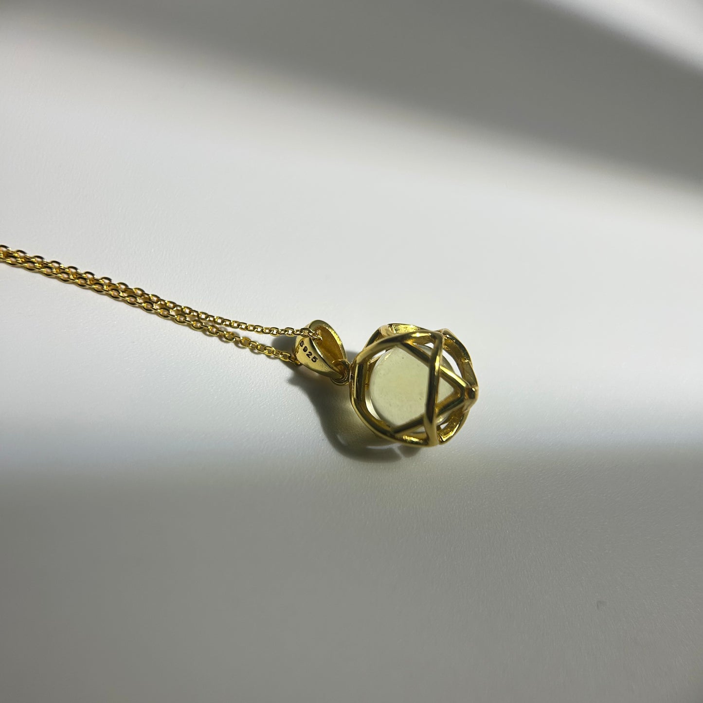 Libyan Desert Glass Pendant Necklace – 14mm Snowflake LDG Tektite, 20mm Halo Bezel, 925 Sterling Silver & 18K Gold, Meteorite Jewelry Gift