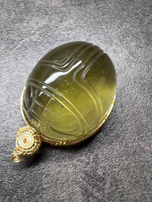 Libyan Desert Glass Scarab Amulet Pendant–42 × 37 × 25 mm–52g–Hand-Carved from Genuine Meteorite Tektite–Certificate&Gift Box Included