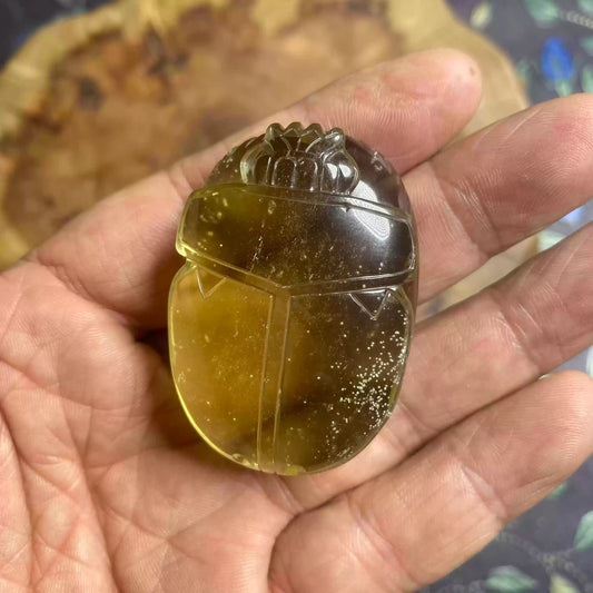 Libyan Desert Glass Scarab Palm Stone (Small Handheld Ornament) |Handcrafted Egyptian Amulet for Protection & Rebirth