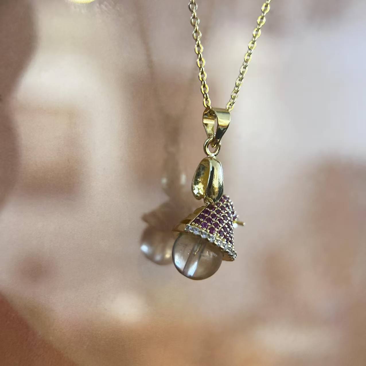 Libyan Desert Glass Tektite Pendant with Santa Hat Design | 18K Gold-Plated Chain