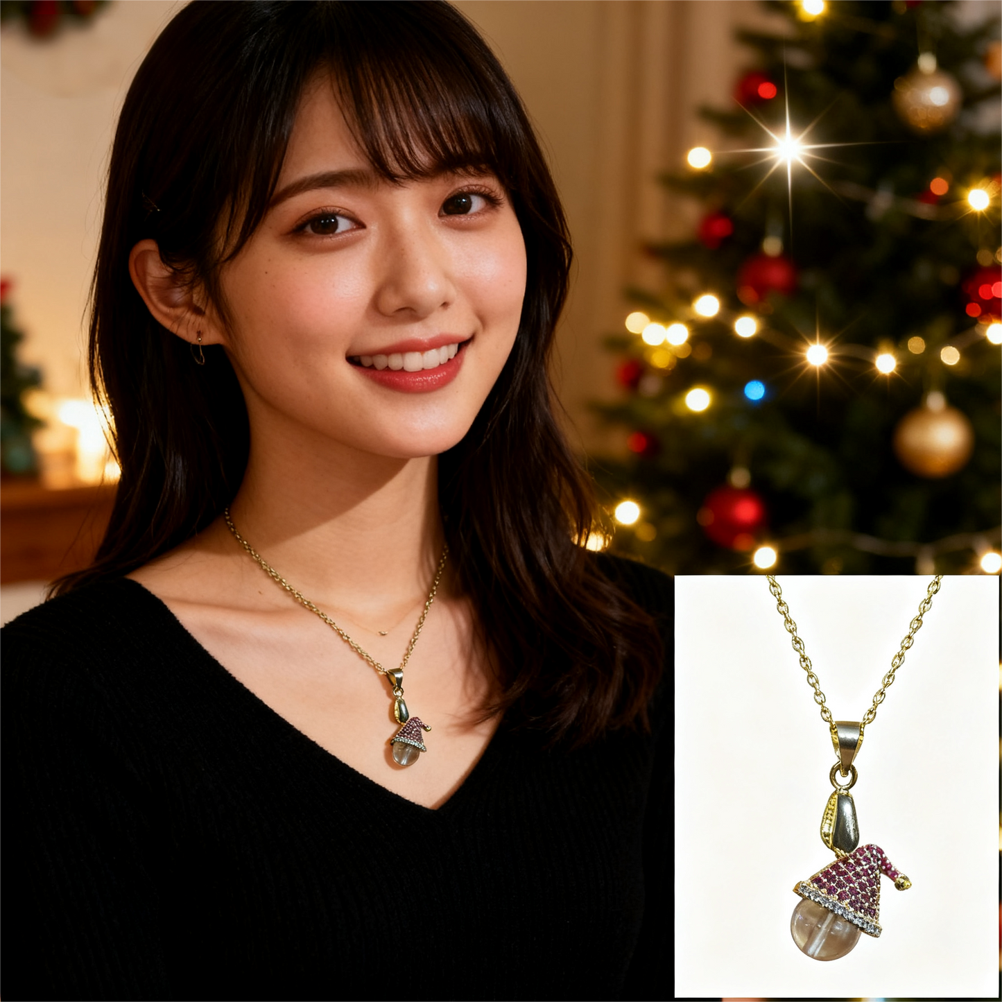 Libyan Desert Glass Tektite Pendant with Santa Hat Design | 18K Gold-Plated Chain