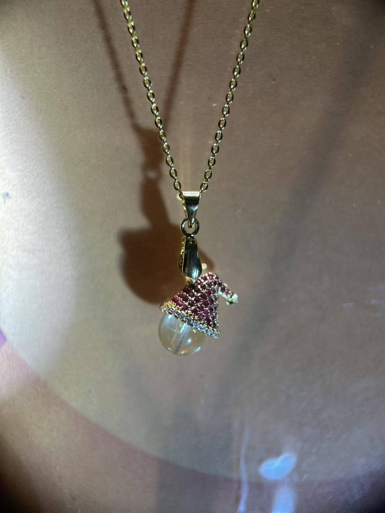 Libyan Desert Glass Tektite Pendant with Santa Hat Design | 18K Gold-Plated Chain