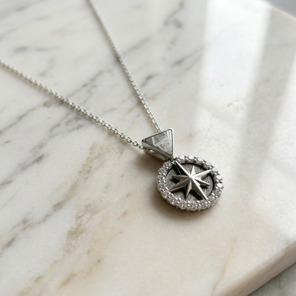 Muonionalusta Iron Meteorite Pendant Necklace – 925 Sterling Silver Compass Star Medallion, 27x15.2x3.1mm, Real Meteorite Jewelry Gift