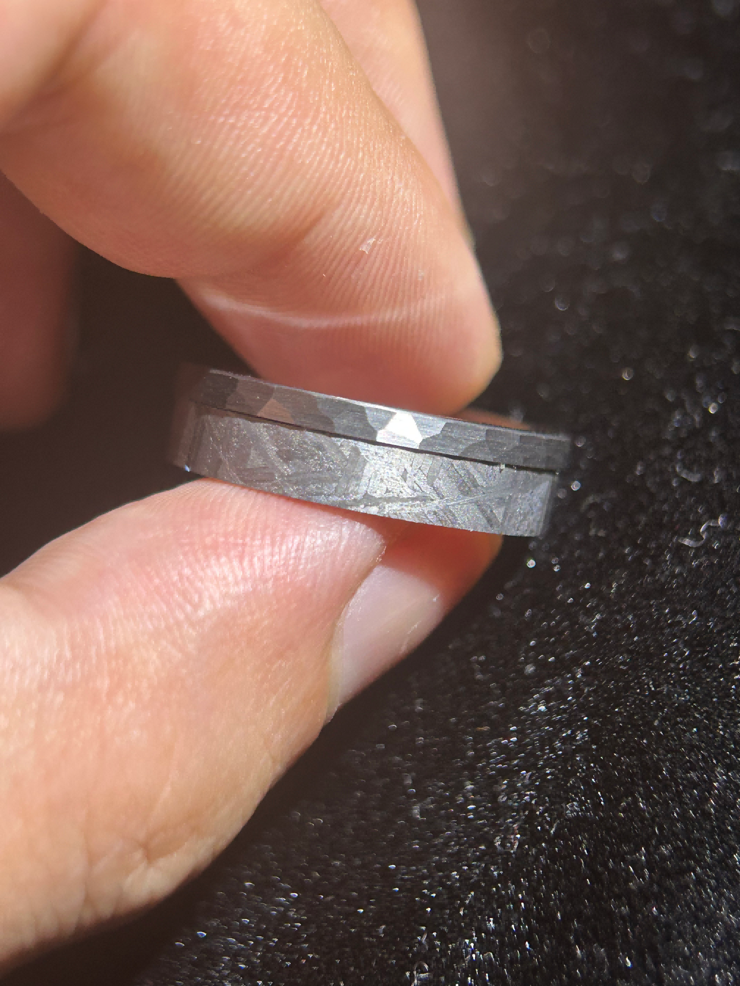Top Muonionalusta Meteorite Ring Set | Titanium Band Set | Widmanstätten pattern Meteorite Jewelry