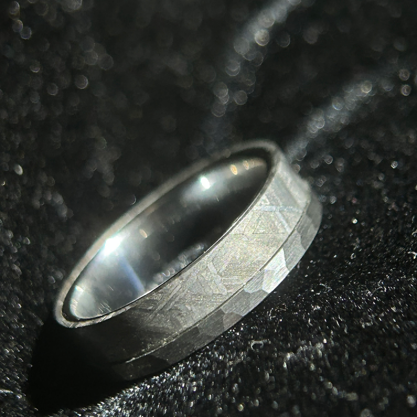 Top Muonionalusta Meteorite Ring Set | Titanium Band Set | Widmanstätten pattern Meteorite Jewelry