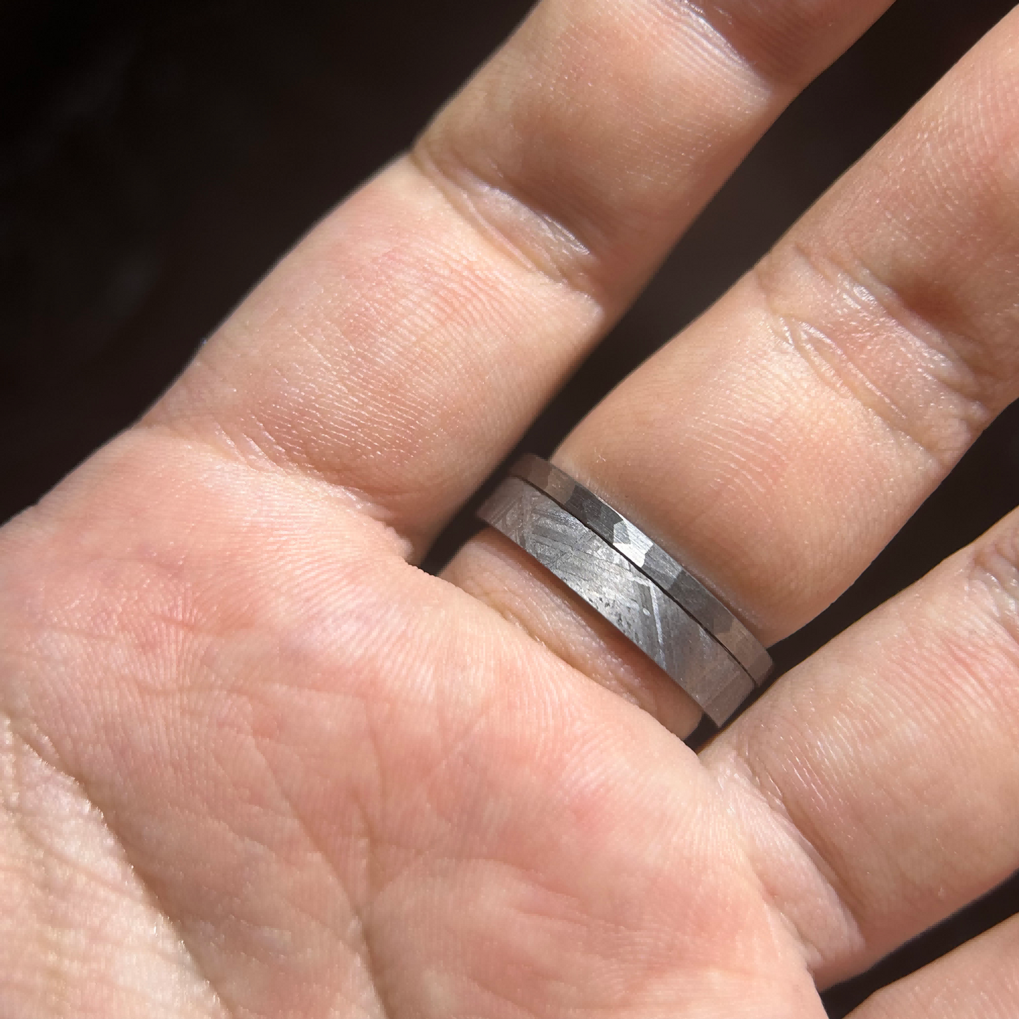 Top Muonionalusta Meteorite Ring Set | Titanium Band Set | Widmanstätten pattern Meteorite Jewelry
