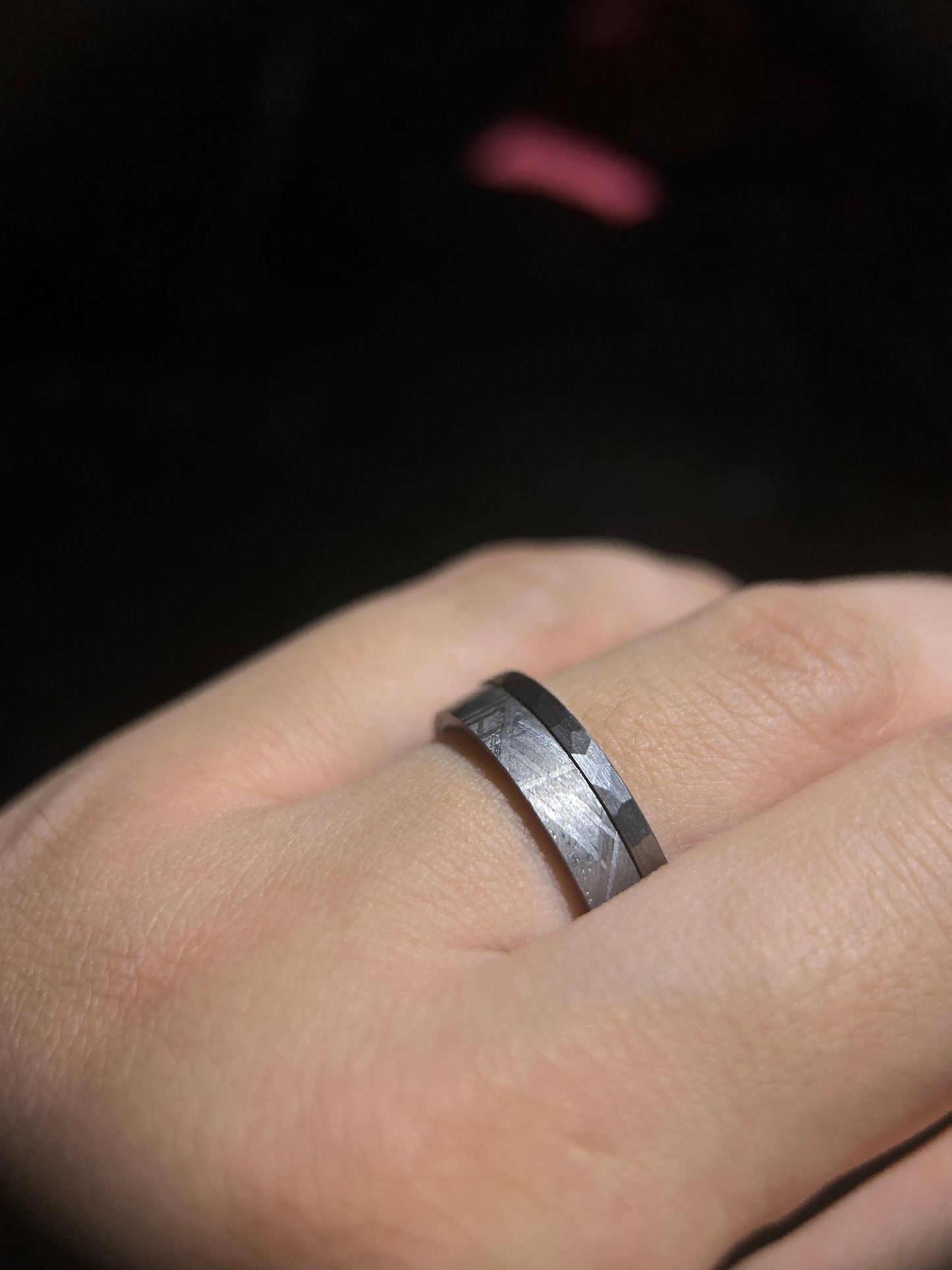Top Muonionalusta Meteorite Ring Set | Titanium Band Set | Widmanstätten pattern Meteorite Jewelry