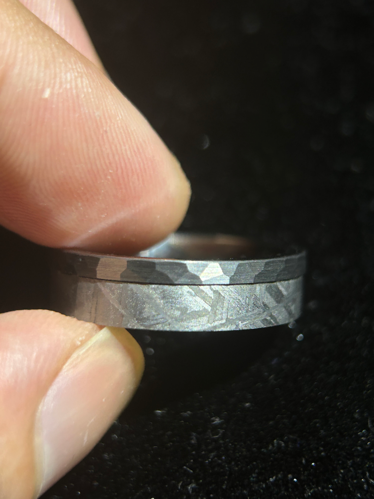 Top Muonionalusta Meteorite Ring Set | Titanium Band Set | Widmanstätten pattern Meteorite Jewelry