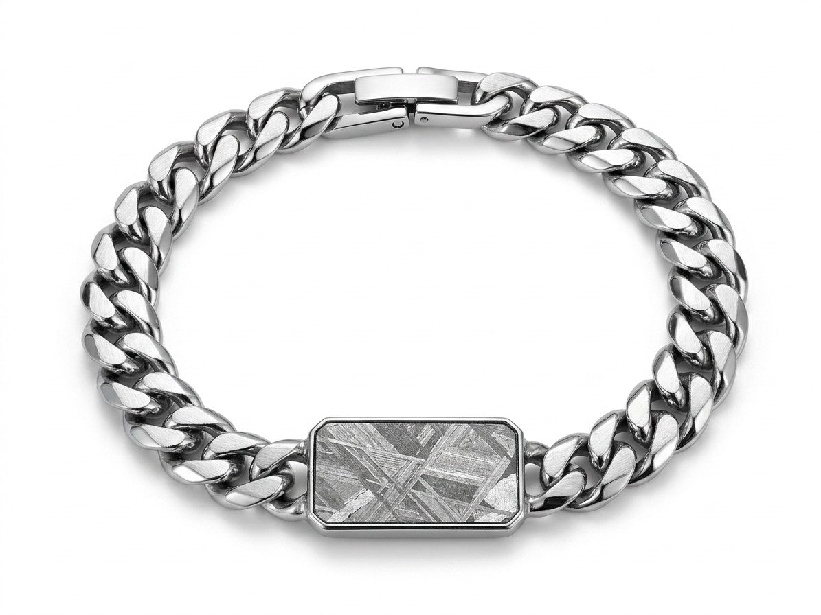 Muonionalusta Meteorite Bracelet – Fine Octahedrite from Sweden – 18 × 12 mm Slice – 17–20 cm Bracelets– Certificate & Gift Box Included