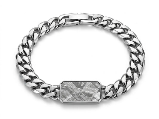Muonionalusta Meteorite Bracelet – Fine Octahedrite from Sweden – 18 × 12 mm Slice – 17–20 cm Bracelets– Certificate & Gift Box Included
