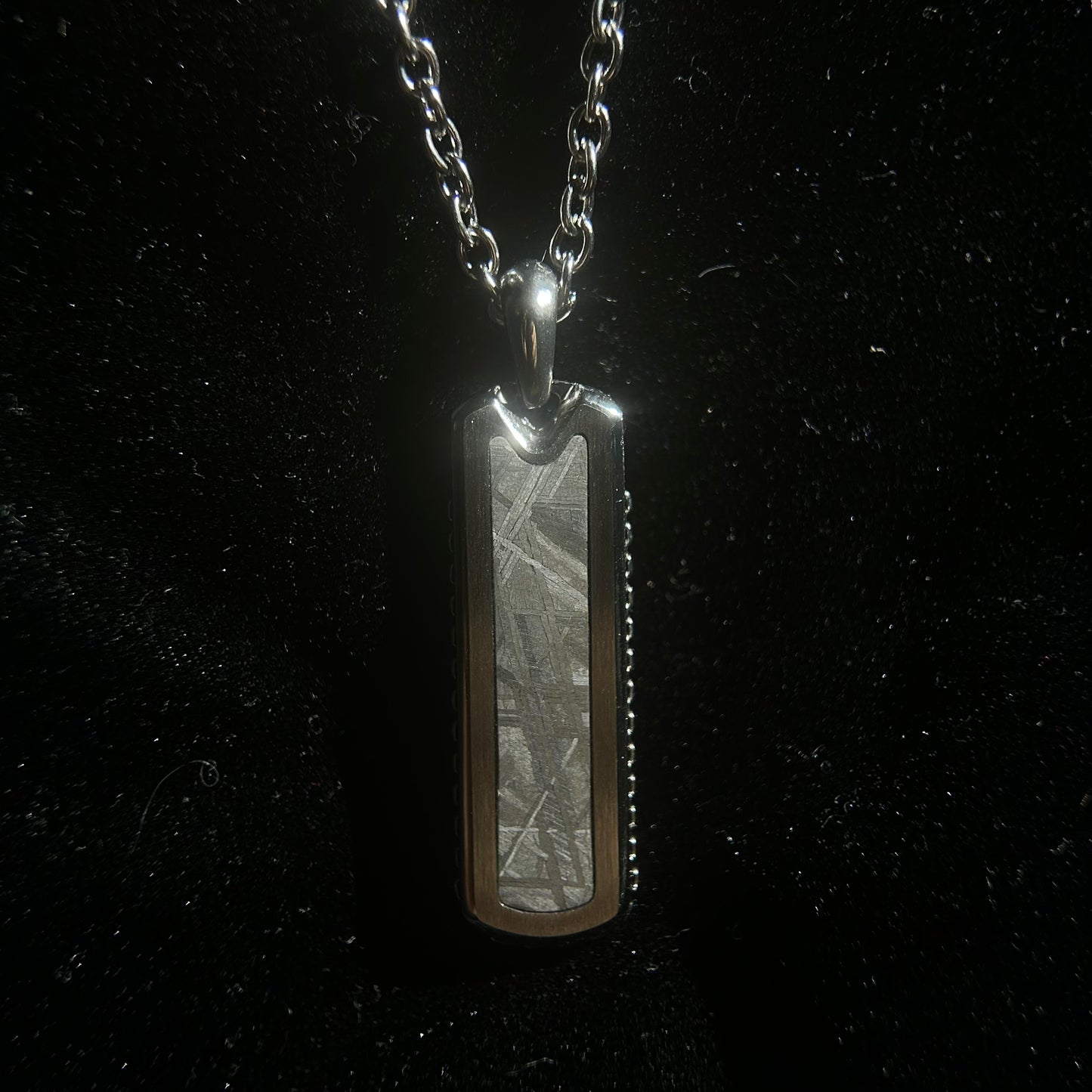 Starlight Bar Pendant Necklace Muonionalusta Iron Meteorite Inlay | Widmanstätten Pattern Tag Pendant |21.6"Chain | Gift Box + COA