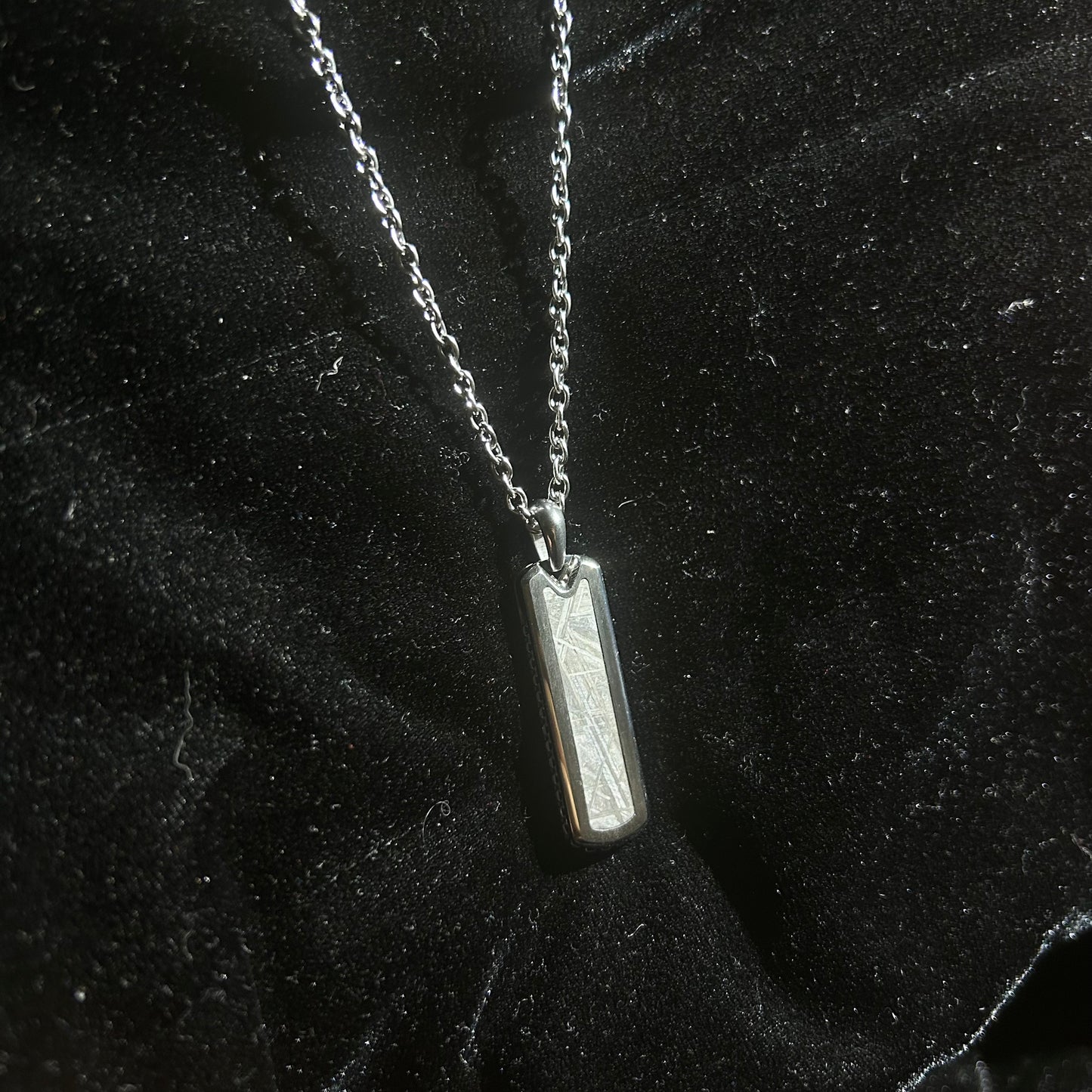 Starlight Bar Pendant Necklace Muonionalusta Iron Meteorite Inlay | Widmanstätten Pattern Tag Pendant |21.6"Chain | Gift Box + COA