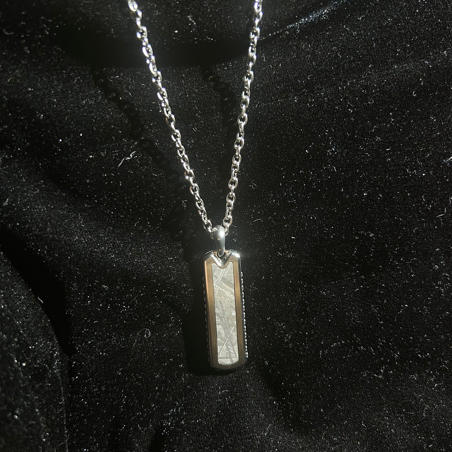 Starlight Bar Pendant Necklace Muonionalusta Iron Meteorite Inlay | Widmanstätten Pattern Tag Pendant |21.6"Chain | Gift Box + COA